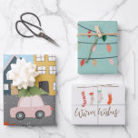 Feuille De Papier Cadeau Christmas Town Fa la la Lights Stockings<br><div class="desc">Ce trio de papier d'emballage de Noël est si mignon et festif 1) Mignonne illustration de petite ville avec voiture rose transportant un arbre de Noël, fa la typographie de script dans le ciel. 2) arrière - plan rétro Turquoise avec des cordes de lumières colorées de Noël. 3) Simples et...</div>