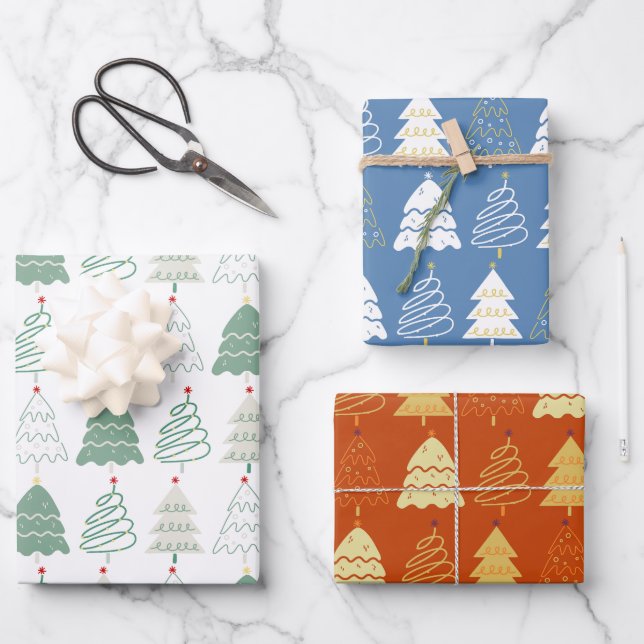 Feuille De Papier Cadeau Christmas Tree Pattern in Retro Green Blue Russet (Recto)
