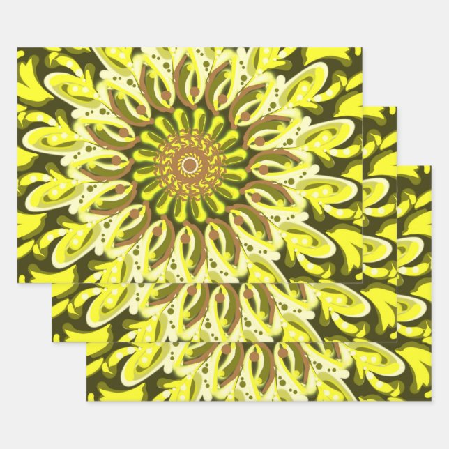 Feuille De Papier Cadeau Chrysanthème jaune Motif Floral Abstrait (Lot)