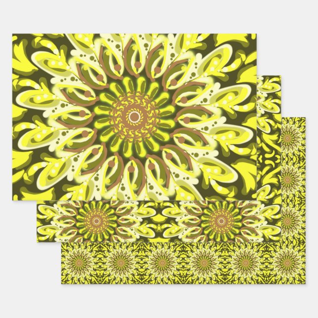 Feuille De Papier Cadeau Chrysanthème jaune Motif Floral Abstrait (Lot)