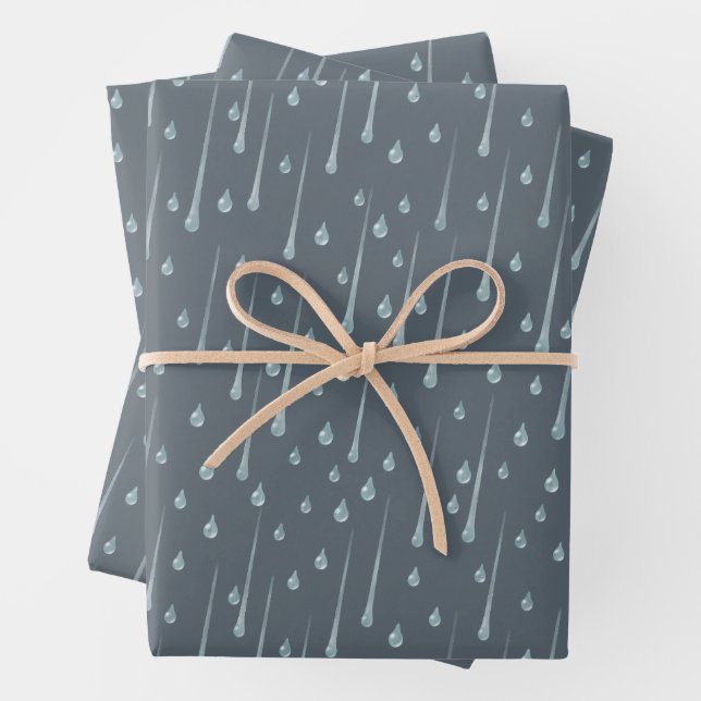 Feuille De Papier Cadeau Chute des gouttes de pluie mignonne Pluie Day gris (En situation)
