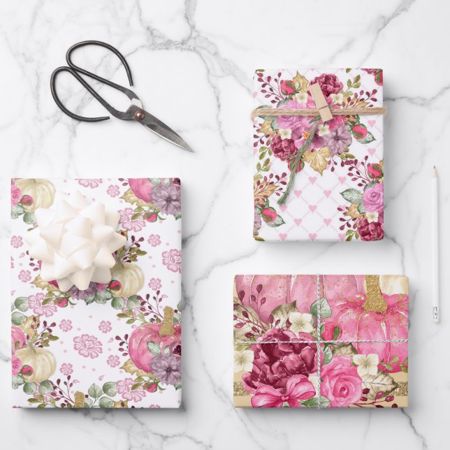 FEUILLE DE PAPIER CADEAU CHUTE ROSE AUTOMNE CITROUILLES & FLEURS DE COULEUR (Recto)