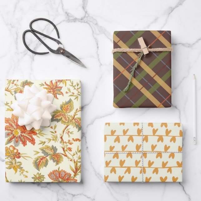 Feuille De Papier Cadeau Chute Thanksgiving Floral Orange Coeurs Plaid (Recto)