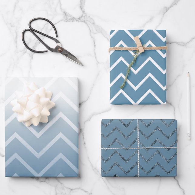 Feuille De Papier Cadeau Ciel Bleu Chevron Blanc (Recto)