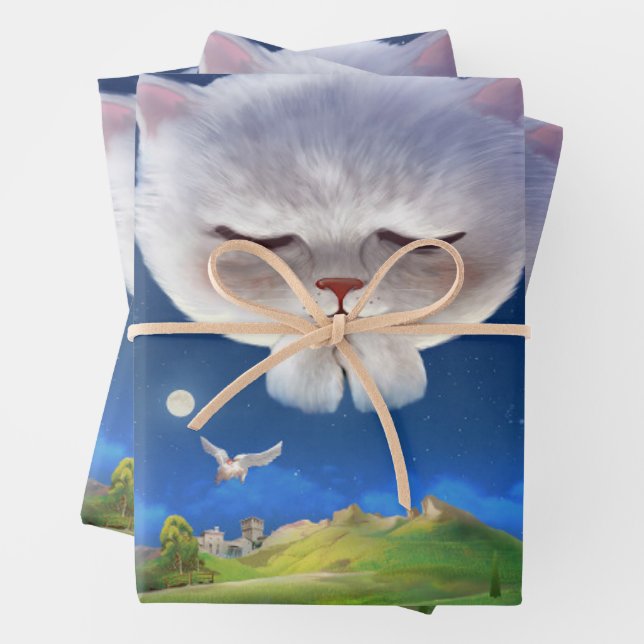 Feuille De Papier Cadeau Ciel nocturne avec chat (En situation)