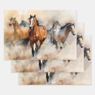 Feuille De Papier Cadeau « Cinq mustangs sauvages » Aquarelle occidentale p