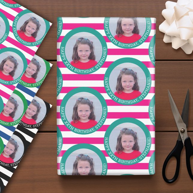 Feuille De Papier Cadeau Circle One Photo Happy Birthday Greeting - Stripes (Custom Photo Wrapping Paper)