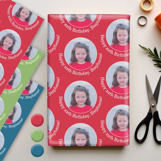Feuille De Papier Cadeau Circle photo avec voeux d'anniversaire Rouge bleu  (Custom Photo Wrapping Paper)