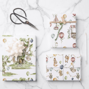 Feuille De Papier Cadeau Cirque Fête de Naissance de la Forêt de Bois