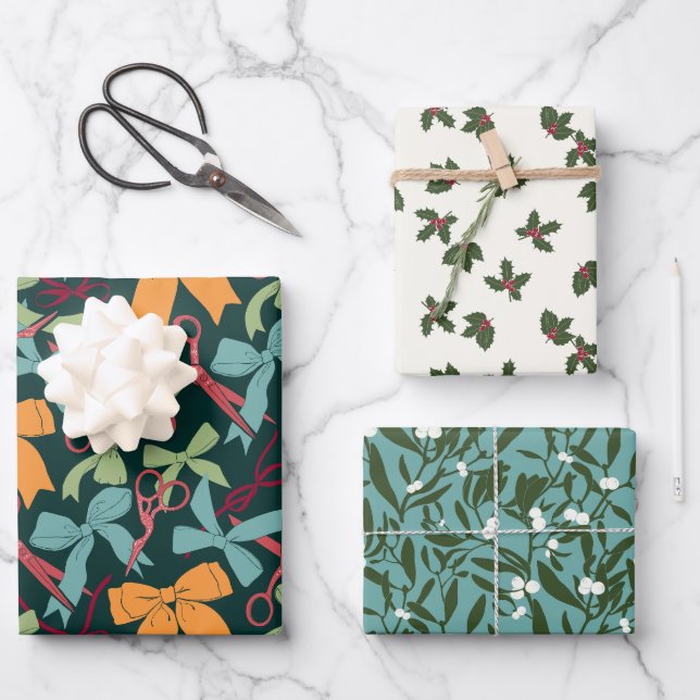 Feuille De Papier Cadeau Ciseaux de Noël, rubans, houx et gui  (Recto)