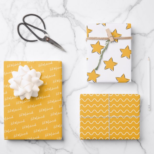 Feuille De Papier Cadeau Citation de Motif Eid Moubarak Kids Yellow Star Wa (Recto)