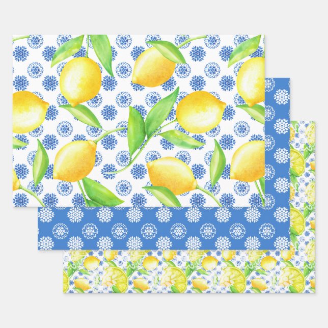 Feuille De Papier Cadeau Citron et Azulejos bleu Motif (Lot)