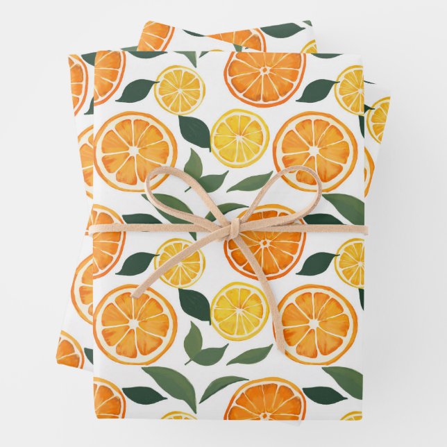 Feuille De Papier Cadeau Citron et Motif d'agrumes orange (En situation)