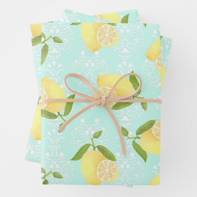 Feuille De Papier Cadeau Citron Motif Aimer bleu (En situation)