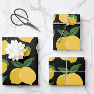 Feuille De Papier Cadeau Citron Motif Fruit Rétro Jaune sur Noir