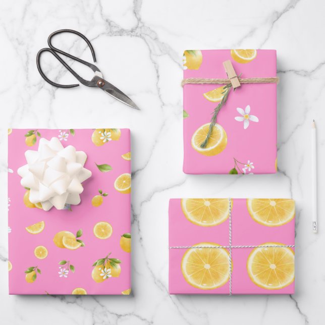 Feuille De Papier Cadeau Citron Motif rose (Recto)