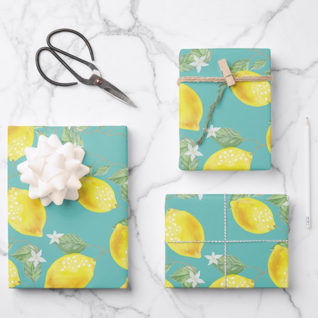 Feuille De Papier Cadeau Citrons rustiques et vert mer  (Recto)
