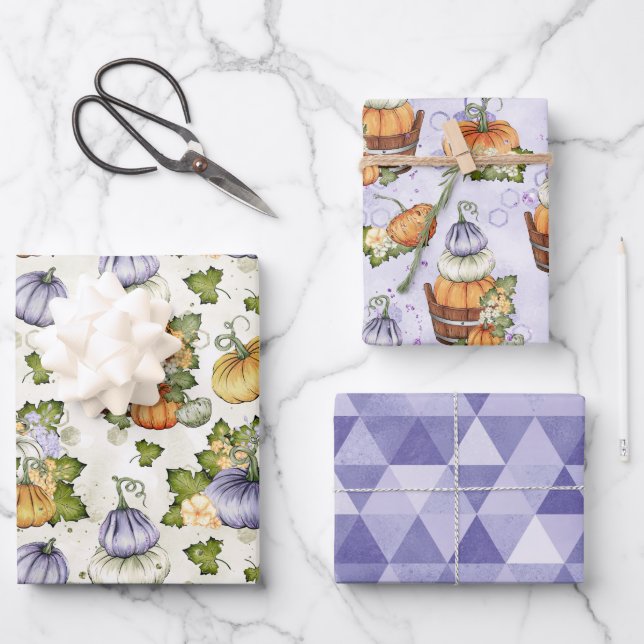 FEUILLE DE PAPIER CADEAU CITROUILLE BLANC ORANGE VIOLET AUTOMNE (Recto)