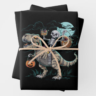Feuille De Papier Cadeau Citrouille d'Halloween T rex de dinosaure chevauch