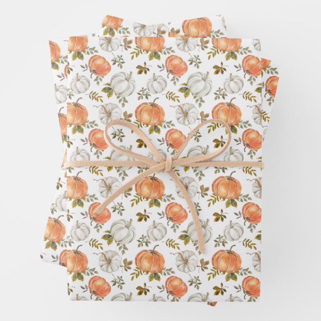 Feuille De Papier Cadeau Citrouilles d'aquarelle et Motif d'automne de feui (En situation)