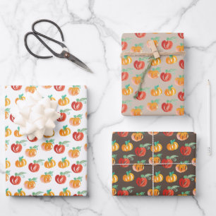 Feuille De Papier Cadeau Citrouilles d'automne peintes à la main orange ver