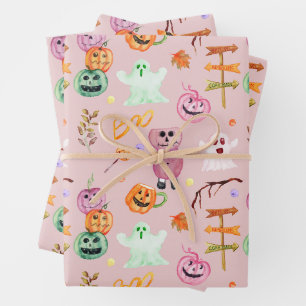 Feuille De Papier Cadeau Citrouilles d'Halloween, Fantôme, Monstres Rose