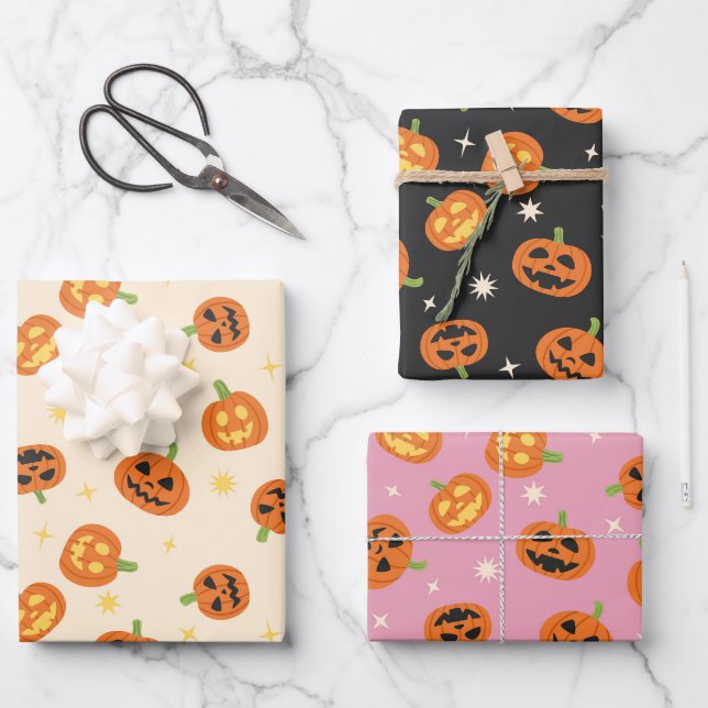 Feuille De Papier Cadeau Citrouilles d'Halloween jetées (Recto)