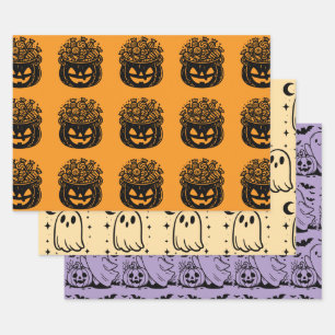 Feuille De Papier Cadeau Citrouilles fantômes et chauves-souris Halloween V