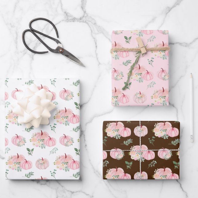 Feuille De Papier Cadeau Citrouilles Fleuries Roses (Recto)