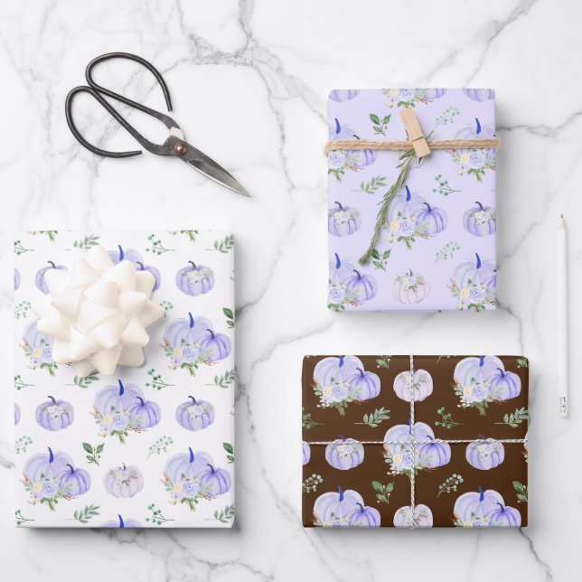 Feuille De Papier Cadeau Citrouilles Fleuris Violettes (Recto)