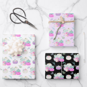 Feuille De Papier Cadeau Citrouilles Florales Pastel en Rose, Violet et Ble