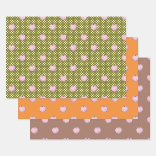 Feuille De Papier Cadeau Citrouilles roses sur Mocha Green et Orange (Lot)