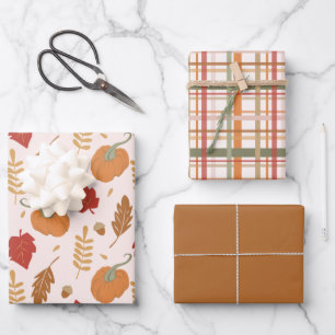 Feuille De Papier Cadeau Citrouilles rustiques et coordination Plaid