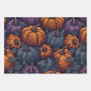 Feuille De Papier Cadeau Citrouilles violet, bleu et orange