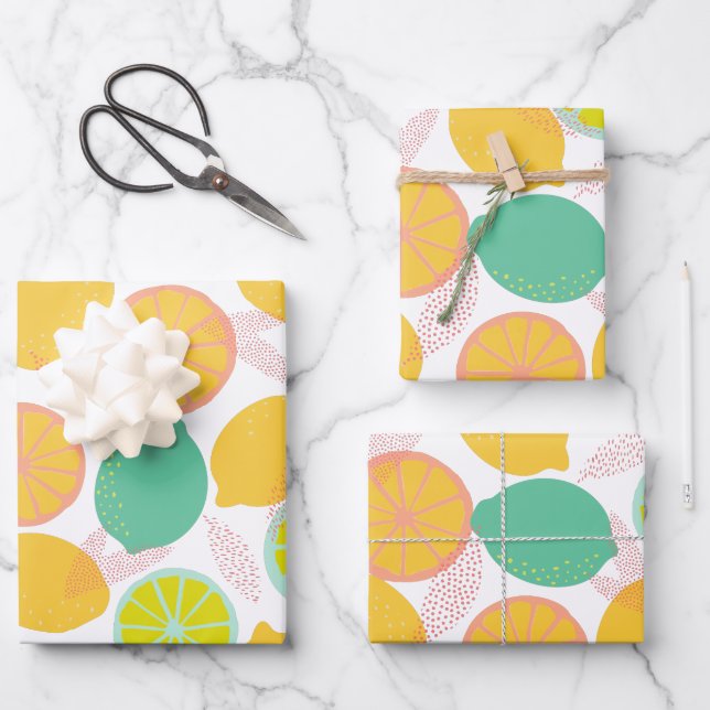 Feuille De Papier Cadeau Citrus citron Motif en Turquoise et Jaune  (Recto)