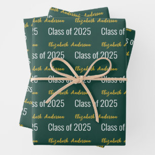 Feuille De Papier Cadeau Classe de 2025 Grads Nom complet Deep Green White