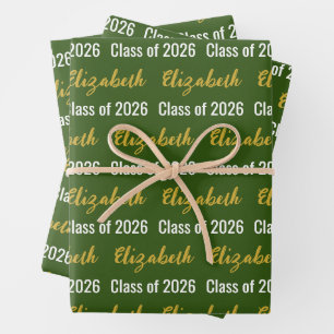 Feuille De Papier Cadeau Classe de 2026 et Nom du diplômé Vert Blanc Or