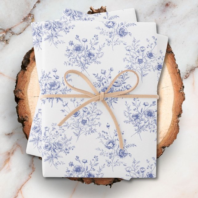 Feuille De Papier Cadeau Classic Blue Flowers Pattern French blue toile (Close up)