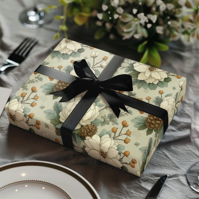 Feuille De Papier Cadeau Classic Christmas Cream and Sage Green Floral Gift (Créateur téléchargé)