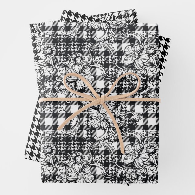 Feuille De Papier Cadeau Classic noir et blanc Ornements Houndstooth (En situation)