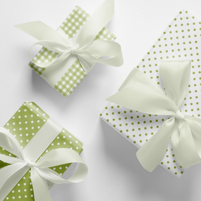 Feuille De Papier Cadeau Classic Pois verts En vichy Motif Mix (Elegant, light green polka dots and gingham checks pattern mix and match wrapping paper sheets.)