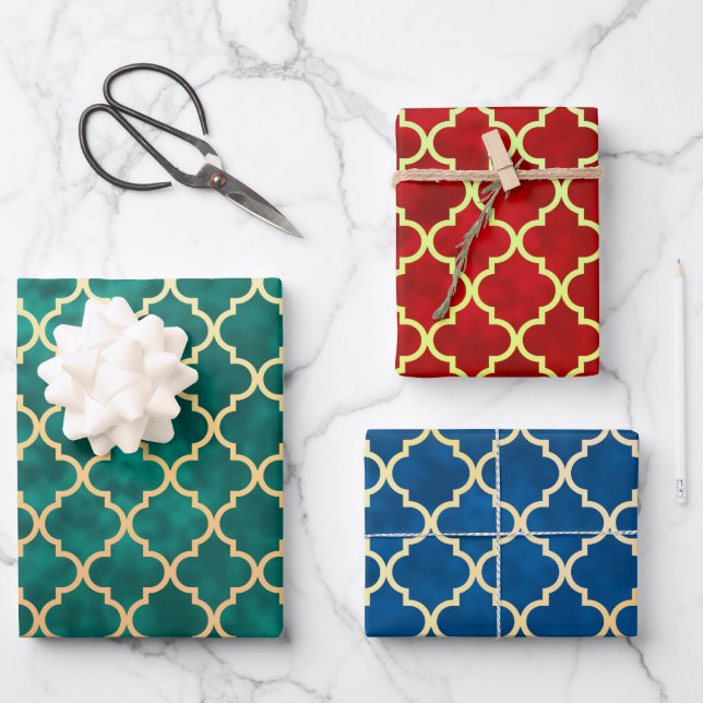 Feuille De Papier Cadeau Classic Quatrefoil Rouge Or Vert Bleu (Recto)