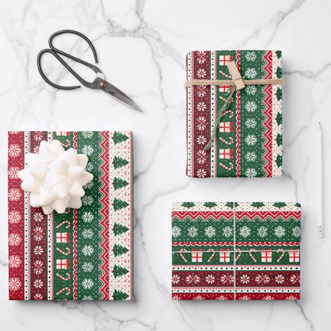 Feuille De Papier Cadeau Classiques rayures de pull de Noël laid (Recto)