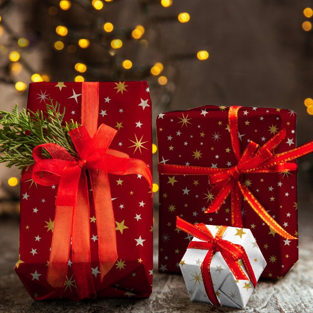 Feuille De Papier Cadeau Classy Chic Elegant Or Argent Rouge Star de Noël (Créateur téléchargé)