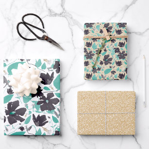 Feuille De Papier Cadeau Clematis Aquarelle Turquoise Gris Floral