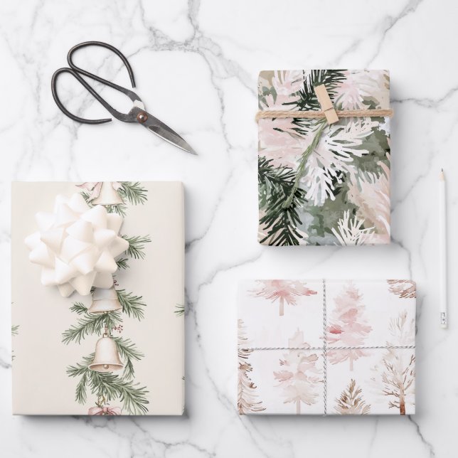 Feuille De Papier Cadeau Cloches de Noël Or Pink Trees (Recto)