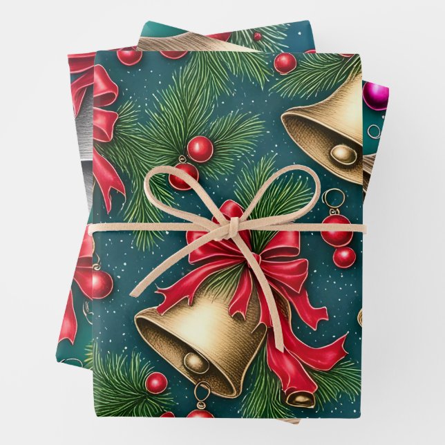 Feuille De Papier Cadeau Cloches de Noël Whimsical Rétro (En situation)