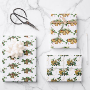 Feuille De Papier Cadeau Clochettes dorées vintage et Noël de houx