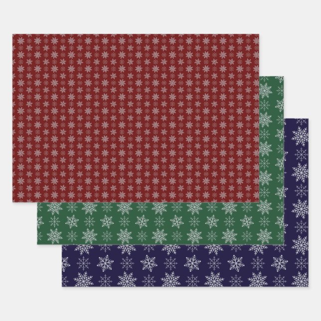 Feuille De Papier Cadeau Cluster de flocons de neige sur Deep Red, Green et (Lot)
