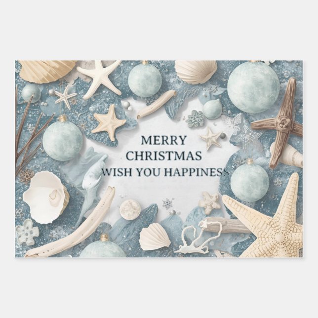 Feuille De Papier Cadeau Coastal Beach Christmas – Seashell & Ocean Inspire (Devant)
